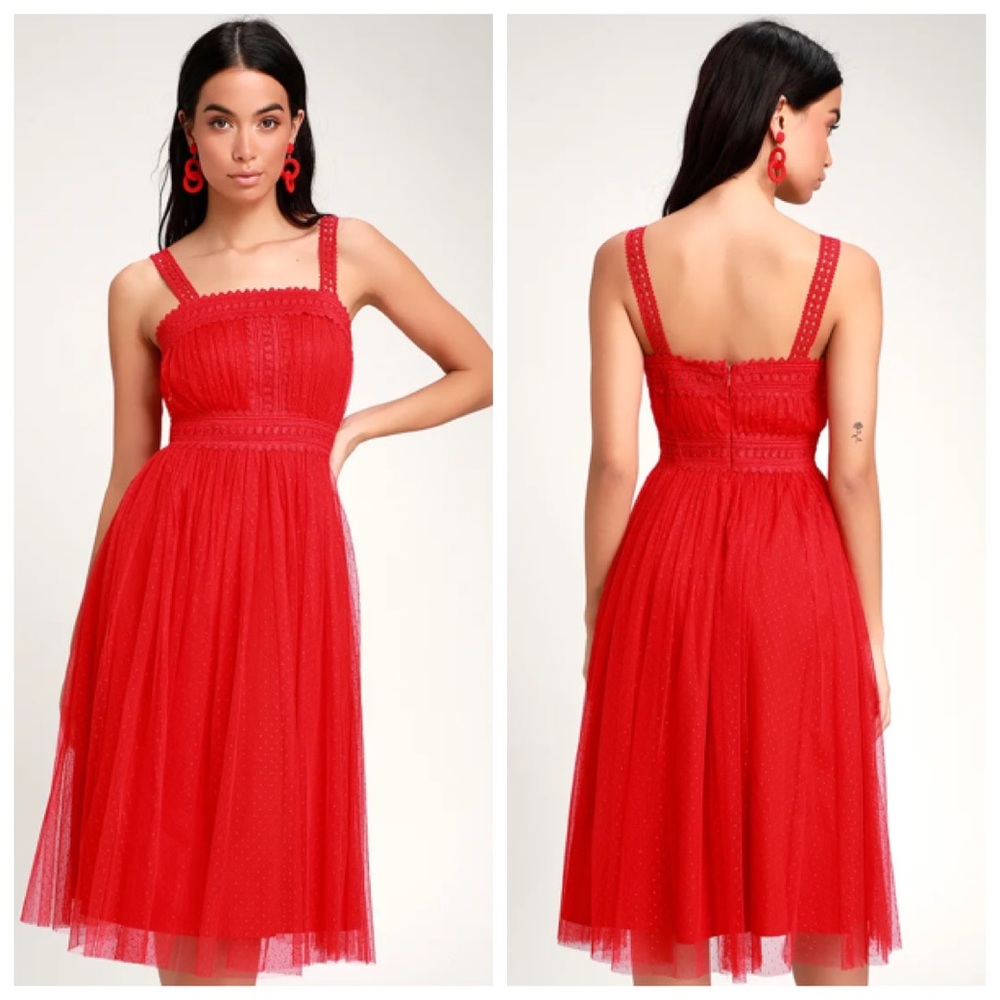 Lulu’s  Forever Love Red Swiss Dot Sleeveless Midi Dress Women’s Size Large New